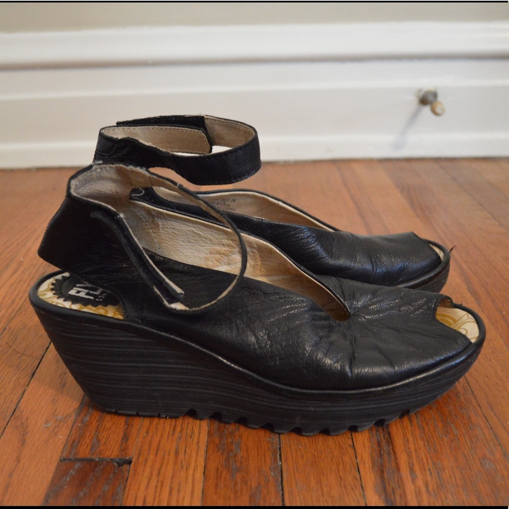 Fly London black leather wedges